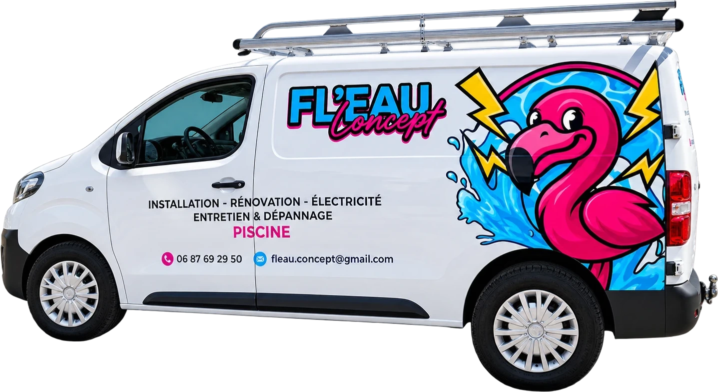 Le camion blanc de Fl'eau Concept, décoré du flamant rose et des coordonnées de l'entreprise