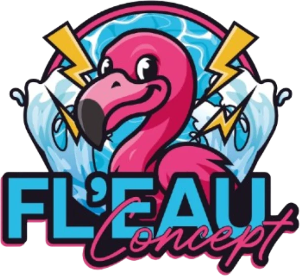 Logo Fl'eau Concept : un flamant rose souriant entouré d'éclairs et de vagues